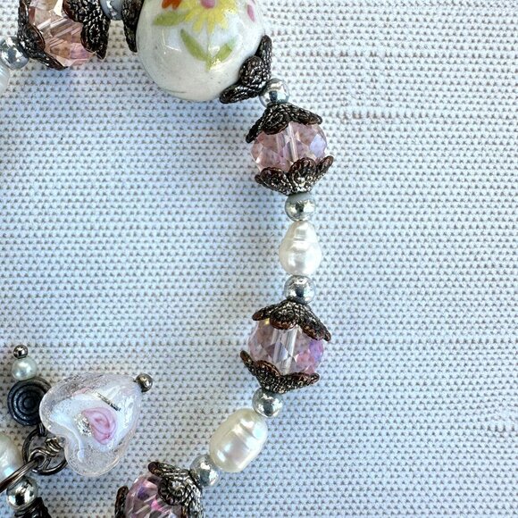 Handmade Floral Bead Bracelet With Pink Crystals & Pearl Accents - Picture 3 of 7